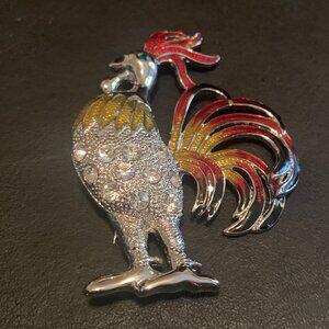 Vintage Rooster Broach 3" x 2" Silver with Colorful Feathers